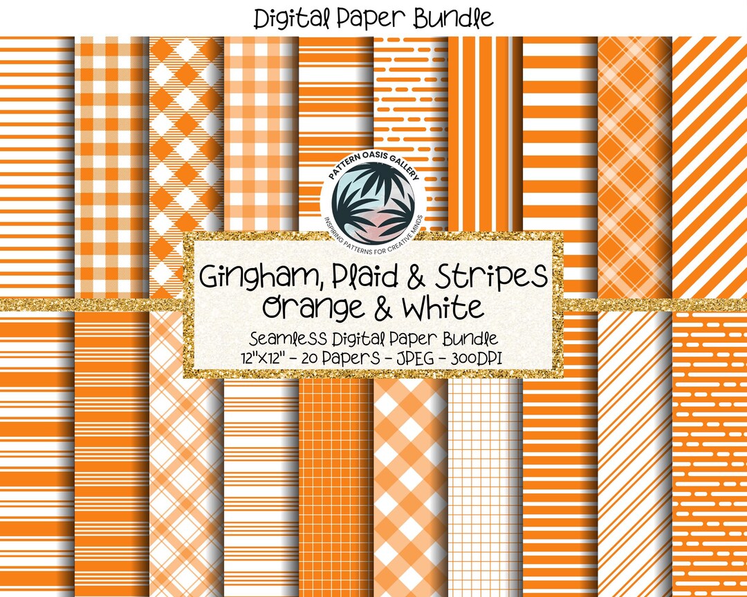 Gingham Plaid Stripes Digital Paper Bundle: Orange & White, Seamless ...