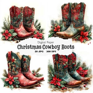 20 Christmas Cowboy Boots Clipart, Festive Boots Clipart, JPGs, Junk Journal, Digital Paper Craft, Card Making, Printable Watercolor Art