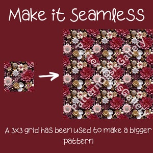 May include: A seamless pattern with a 3x3 grid of pink, white, and burgundy flowers with gold accents. The pattern is made up of a repeating design of flowers and leaves.