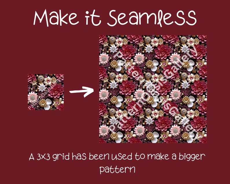 May include: A seamless pattern with a 3x3 grid of pink, white, and burgundy flowers with gold accents. The pattern is made up of a repeating design of flowers and leaves.