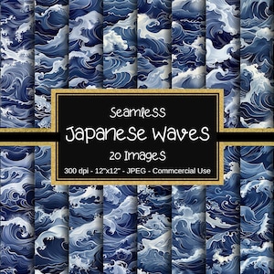 May include: Digital art collection showcasing seamless Japanese wave patterns in blue and white hues. The image features a black rectangle with gold trim, displaying the text "Seamless Japanese Waves" and other details.