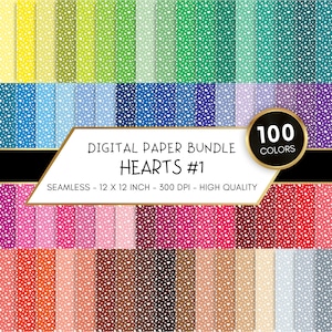Puede incluir: Un paquete de papel digital con 100 fondos de colores diferentes que presentan un patrón de corazón blanco. El texto "DIGITAL PAPER BUNDLE HEARTS #1 SEAMLESS - 12 X 12 INCH - 300 DPI - HIGH QUALITY 100 COLORS" se muestra en la imagen.