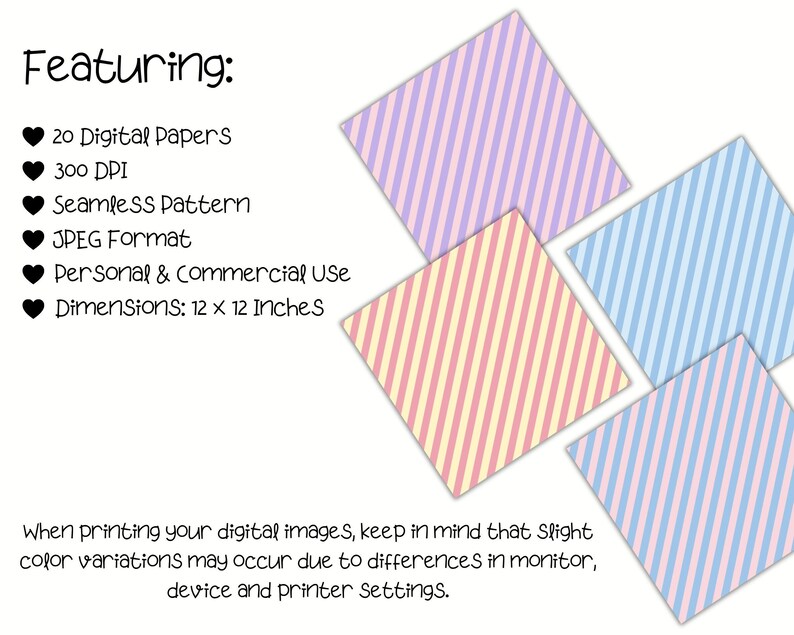 Pastel Stripes Digital Paper Bundle, Seamless Diagonal Stripe Two Color ...