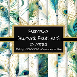 Peacock Feathers SEAMLESS Digital Paper Pack, Watercolor Peacock Feathers Patterns, 20 Designs, Instant Download, Commercial Use