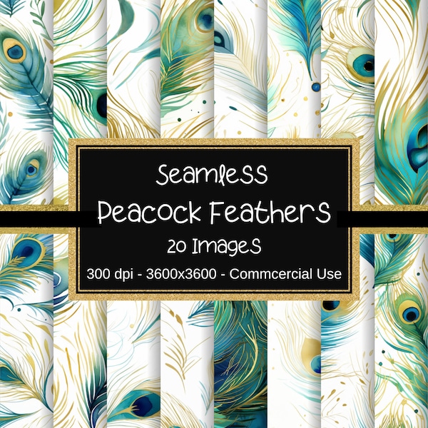 Peacock Feathers SEAMLESS Digital Paper Pack, Watercolor Peacock Feathers Patterns, 20 Designs, Instant Download, Commercial Use