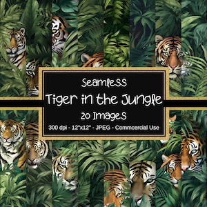 Tigre Papiers numériques sans couture, motifs tigre, motif jungle, 12 x 12 po, 20 modèles, papier imprimable, tigre, animaux de la jungle
