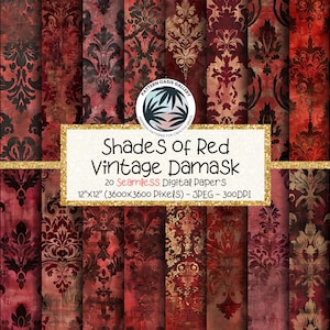 Red Vintage Damask Digital Paper, Seamless Antique Pattern (20 Images)