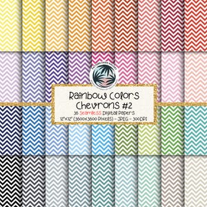 May include: A collection of 36 digital papers with a chevron pattern in various colors, including yellow, orange, red, purple, pink, blue, green, and gray. The papers are 12x12 inches and are labeled "Rainbow Colors Chevrons #2".