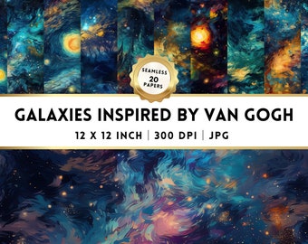 Galaxies by Van Gogh Digital Papers - Set of 20 Watercolor Patterns for Scrapbooking and Crafts, Night Background, Seamless Digital Pattern
