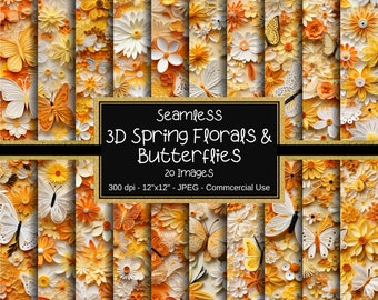 May include: A digital paper pack with 20 seamless patterns featuring 3D spring florals and butterflies in shades of yellow and white. The text "Seamless 3D Spring Florals & Butterflies" is displayed in a black box with a gold border. The text "20 Images" is displayed below the title. The text "300 dpi - 12"x12" - JPEG - Commercial Use" is displayed below the image of the patterns.