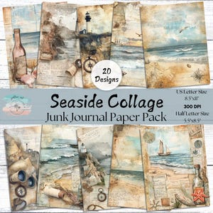 Seaside Collage Junk Journal Pages, Full and Half Papers, Nautical Scrapbook, Marine Junk Journal Printables, Scrapbook Supplies, Coastal