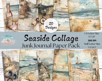 Seaside Collage Junk Journal Pages, Full and Half Papers, Nautical Scrapbook, Marine Junk Journal Printables, Scrapbook Supplies, Coastal