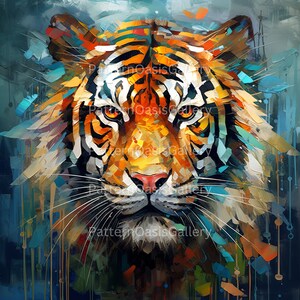 May include: A close-up of a tiger's face, painted in a colourful, abstract style. The tiger's fur is a mix of orange, yellow, and black, with splashes of blue and green paint throughout. The tiger's eyes are bright and alert, and its whiskers are long and prominent.