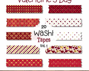 Valentine Hearts Digital Washi Tape Clipart, Red Gold Love Patterns, Planner PNGs (Digital Download)