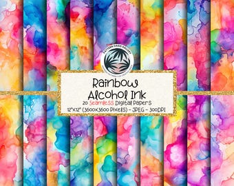 Alkohol Tinte SEAMLESS Regenbogen Muster, Alkohol Tinte Digitales Papier, 20 Designs, 12 x 12 Zoll, kommerzielle Nutzung, Alkohol Tinte Sublimation
