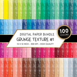 Pode incluir: Um pacote de papel digital com 100 cores diferentes de textura grunge. Cada papel mede 12x12 polegadas e 300 DPI.