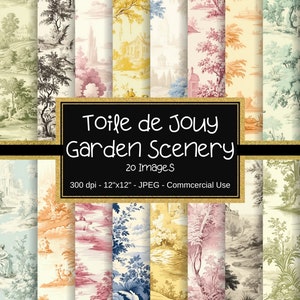 French Toile de Jouy Digital Papers, 20 Images, 12"x 12", Colorful Toile de Jouy Pattern, French County, Vintage French, Antique Pattern