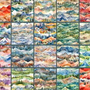 Op de afbeelding: Een digitale collage van 20 aquarel schilderijen die verschillende berglandschappen uitbeelden. De schilderijen tonen verschillende kleurenpaletten, waaronder tinten blauw, groen, bruin, rood en paars. Elk schilderij toont een uniek perspectief op een bergketen, met sommige met besneeuwde toppen, terwijl andere glooiende heuvels en valleien uitbeelden.