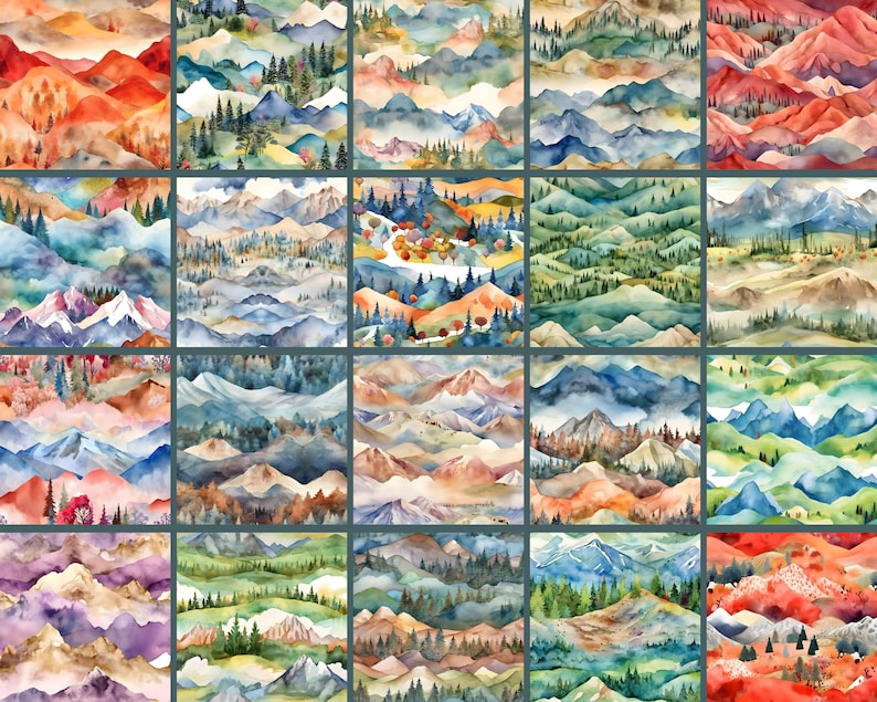 Op de afbeelding: Een digitale collage van 20 aquarel schilderijen die verschillende berglandschappen uitbeelden. De schilderijen tonen verschillende kleurenpaletten, waaronder tinten blauw, groen, bruin, rood en paars. Elk schilderij toont een uniek perspectief op een bergketen, met sommige met besneeuwde toppen, terwijl andere glooiende heuvels en valleien uitbeelden.