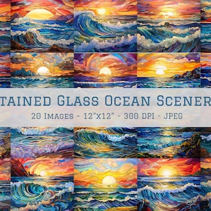 May include: A set of 20 digital images featuring stained glass ocean scenes. Each image is 12 inches by 12 inches and has a resolution of 300 DPI. The images depict colourful sunsets over the ocean with waves crashing on the shore.