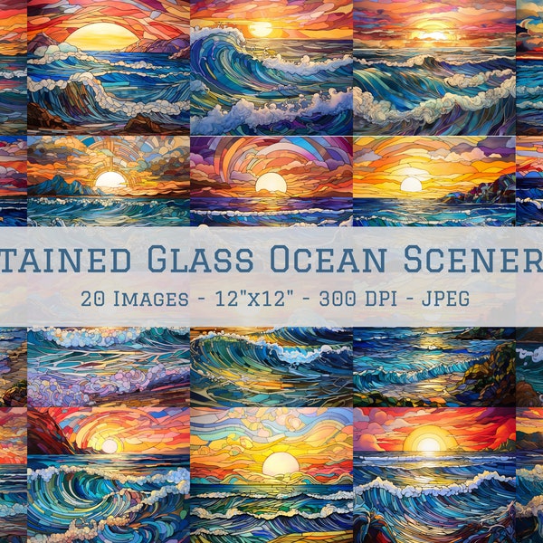 Stained Glass Ocean Digital Paper, Ocean Scene Stained Glass Background, 20 Designs, 12"x12", Stained Glass Sublimation, Commercial Use