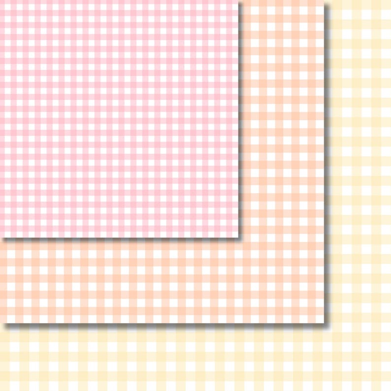 K&ouml;nnte beinhalten: Ein nahtloses Muster aus rosa, orange und gelbem Gingham-Stoff. Das Muster besteht aus kleinen Quadraten mit abwechselnden Farben.