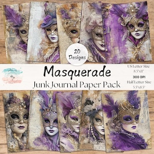 Masquerade Junk Journal Pages, Full and Half Papers, Venice Carnival, Carnival Printables, Carnival Mask Junk Journal, Distressed Ephemera
