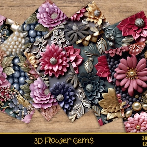 May include: Six digital paper designs featuring 3D flower and gem patterns. The designs include pink, red, gold, and blue flowers with pearl-like accents. The text "3D Flower Gems" is at the bottom of the image. The text "300 DPI 12" x 12" is at the bottom right of the image.