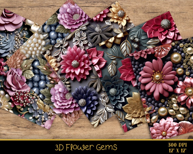 May include: Six digital paper designs featuring 3D flower and gem patterns. The designs include pink, red, gold, and blue flowers with pearl-like accents. The text "3D Flower Gems" is at the bottom of the image. The text "300 DPI 12" x 12" is at the bottom right of the image.