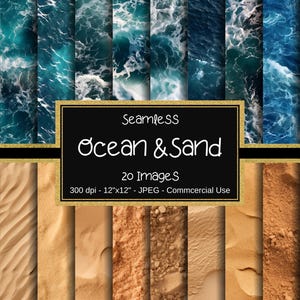 May include: A set of 20 digital seamless patterns featuring ocean waves and sand textures. The patterns are 12 inches by 12 inches and 300 dpi. They are perfect for digital scrapbooking, crafting, and other creative projects.