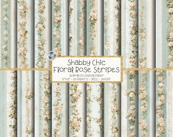 Shabby Chic Floral Digital Paper Bundle, Seamless Rose Stripe Patterns (Digital Download)