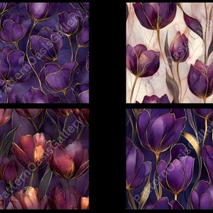 May include: Four digital art prints featuring watercolor illustrations of purple tulips with gold outlines. The floral designs have a dark background and a variety of compositions. The prints are from Pattern Oasis Gallery.