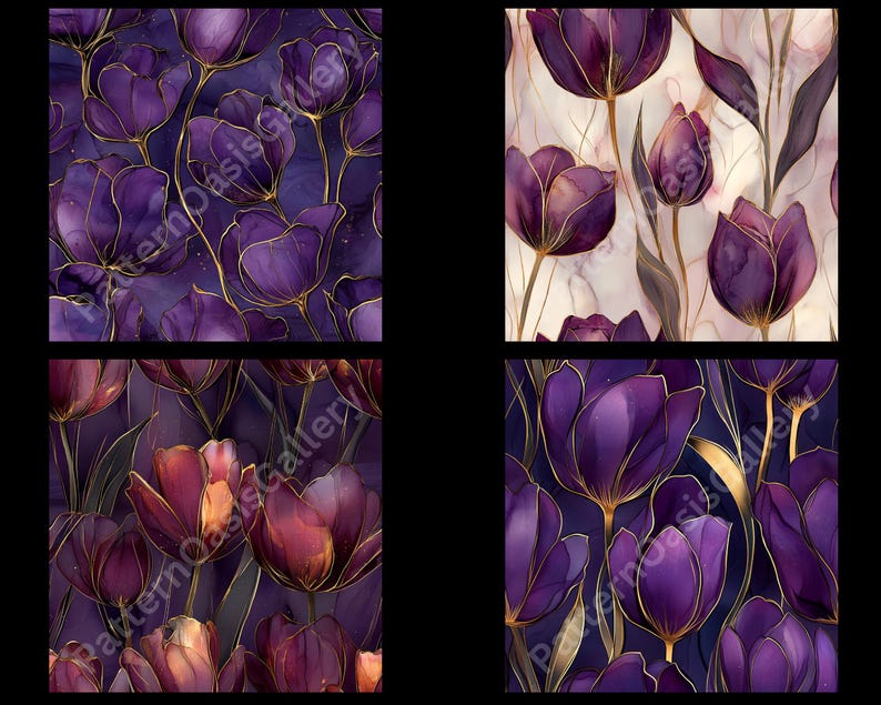 May include: Four digital art prints featuring watercolor illustrations of purple tulips with gold outlines. The floral designs have a dark background and a variety of compositions. The prints are from Pattern Oasis Gallery.