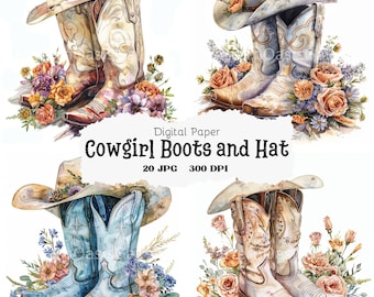 May include: Four digital paper designs featuring watercolour illustrations of cowboy boots and hats with floral accents. The boots are in various colours, including brown, white, and blue. The hats are white with brown bands. The flowers are in shades of pink, orange, and purple.