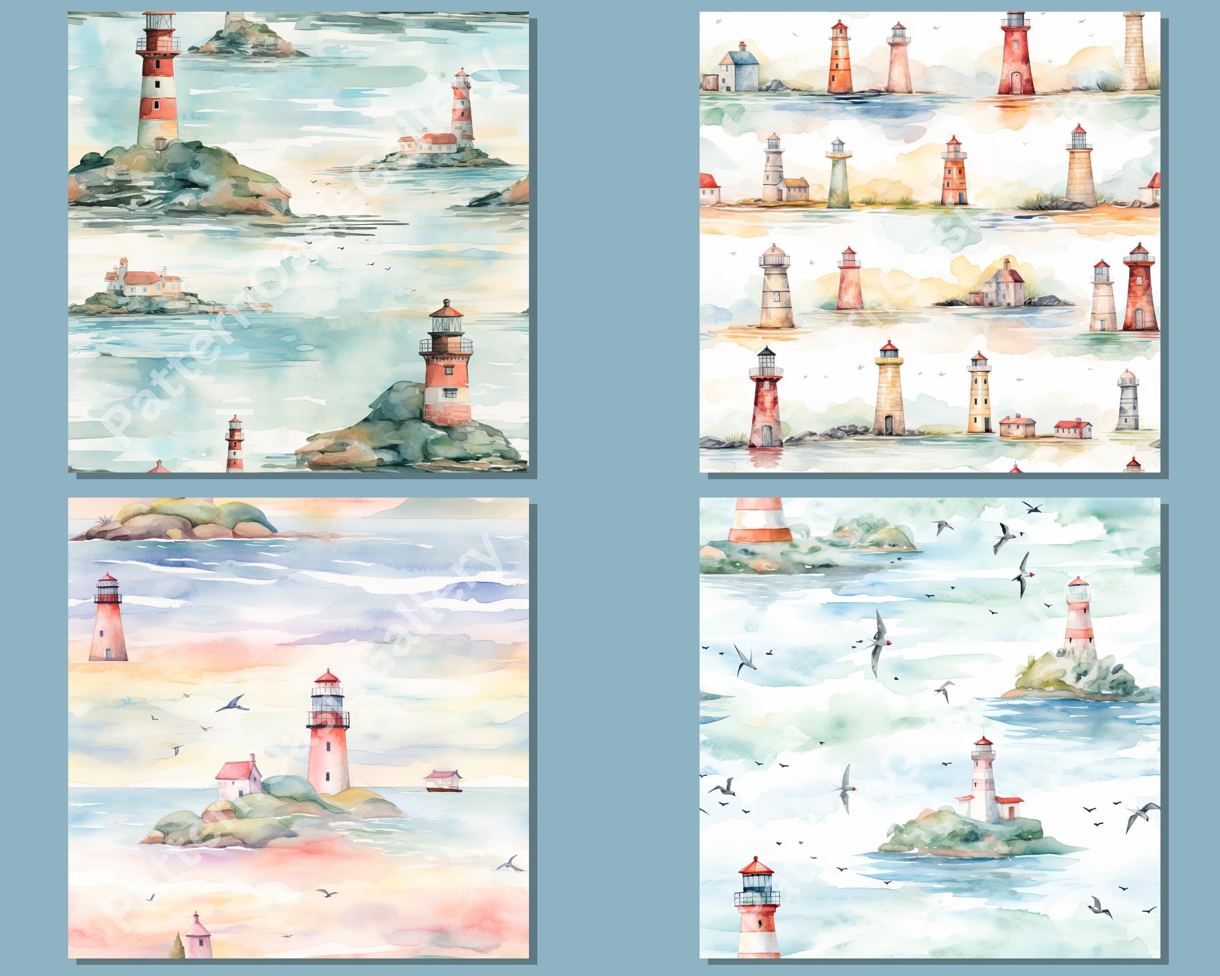Charming Lighthouses Seamless Patterns, Watercolor Lighthouses Digital ...