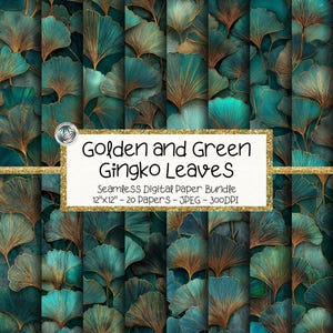 Digitalt papperspaket med ginkgoblad, sömlöst botaniskt mönster i blågrönt och guld, 12x12 (digital nedladdning)