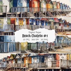 20 Colorful Beach Chalet Clipart, Beach Clipart, Ocean Clipart, Printable Watercolor Clipart, High Quality JPGs & PNGs, Paper Craft, #5
