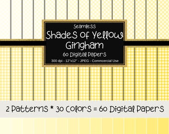 Gingham Seamless Digital Paper, Shades of Yellow, Plaid Digital Backgrounds, Commercial Use, 12"x12",Digital Scrapbook Paper, Yellow