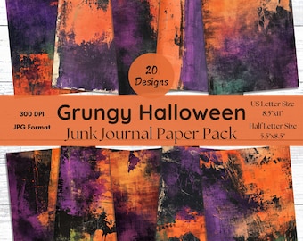 Beunruhigte Halloween Junk Journal Seiten, Grunge Orange Lila digitales Papier, Halloween druckbares Papier, Sammelalbum, Mixed Media Collage