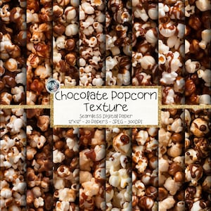Könnte beinhalten: Eine digitale Papiersammlung mit einer Schokoladen-Popcorn-Textur, die verschiedene Muster aus weißem Popcorn mit braunem Schokoladenguss zeigt. Der zentrale Text lautet Chocolate Popcorn Texture, Seamless Digital Paper, 12x12, 20 Papers, JPEG, 300DPI.