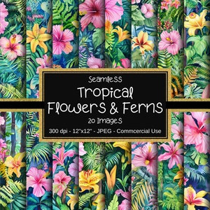 Papier numérique sans couture de fleurs tropicales, motifs de fleurs tropicales et de fougères, 12 x 12 pouces, 20 images, motifs floraux, fond aquarelle