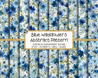 Blue Watercolor Wildflower Digital Paper Bundle, Seamless Floral Pattern (Digital Download)