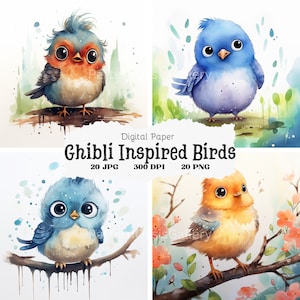 20 imágenes prediseñadas de pájaros lindos, imágenes de pájaros lindos, pájaros lindos y esponjosos, imágenes prediseñadas de acuarela imprimibles, uso comercial, archivos JPG, inspirados en Ghibli, n.° 122