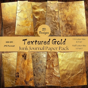 Gold Textured Junk Journal Pages, Full and Half Papers, Distressed Gold Textured Background, Gold Foil, Golden Background, Metal Texture