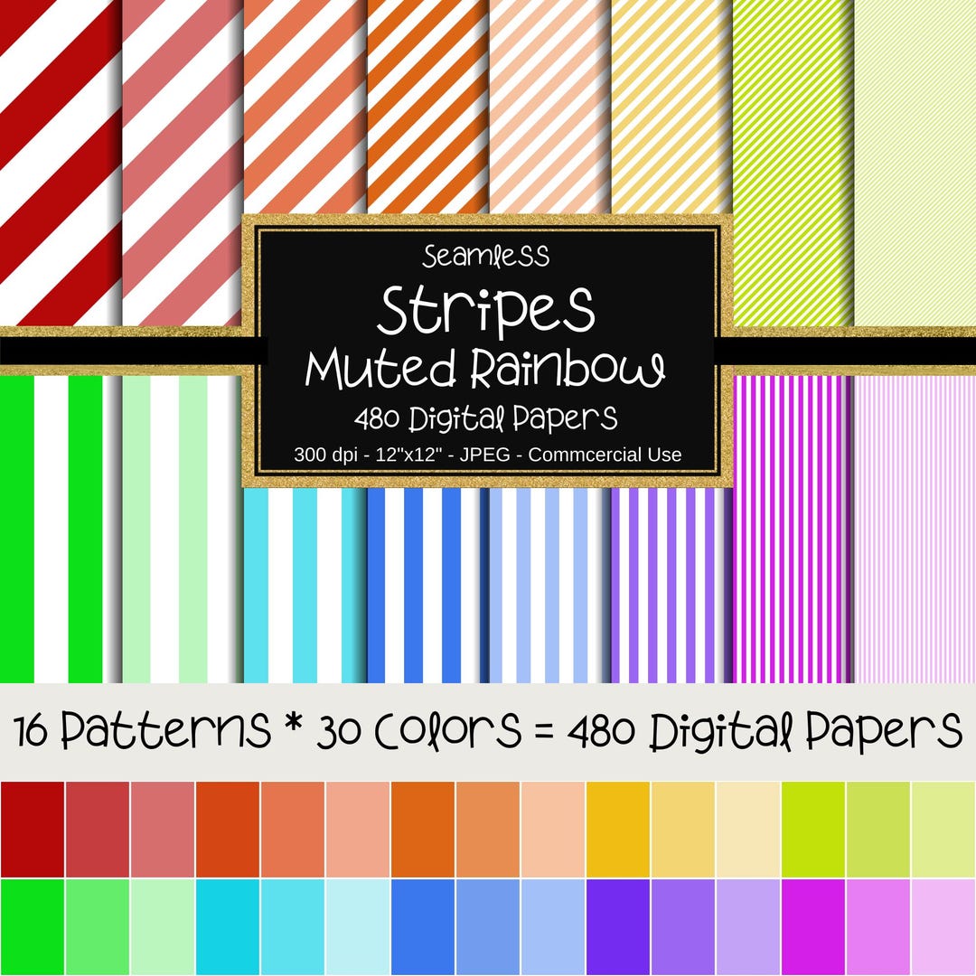 Muted Rainbow Stripes Seamless Digital Paper Pack, 12"x12", 480 Papers ...
