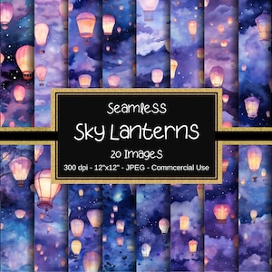 Papel digital sin costuras Sky Lantern, patrón de linternas de cielo, 12"x12, 20 imágenes, uso comercial, linterna de acuarela, fondo de linterna