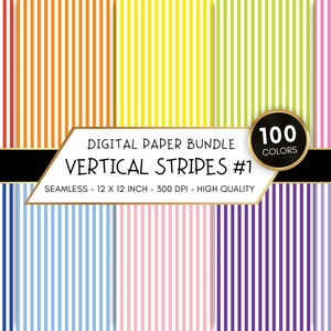100 Colors Basic Stripes Digital Paper, Seamless Colorful Striped Design Backgrounds, 100 Colors, 12"x12", Commercial Use, Vertical Stripes