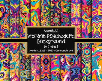 Motifs psychédéliques dynamiques sans couture, papiers numériques psychédéliques abstraits colorés, 20 modèles, 12 x 12 po, commercial, fond psychédélique