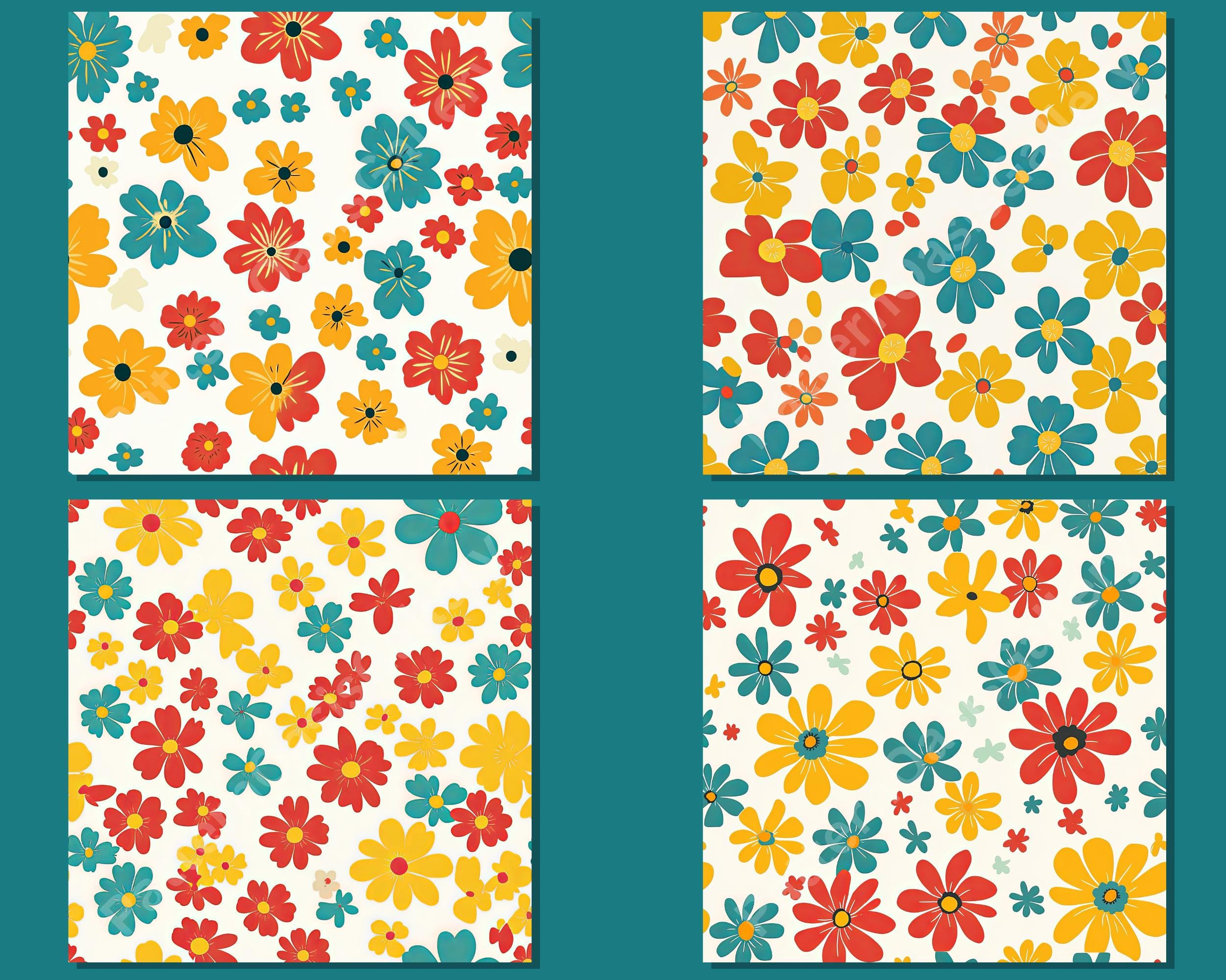 Retro Groovy Flowers Seamless Digital Paper, Spring Floral Pattern, 12 ...