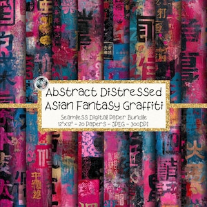 Puede incluir: Un paquete de papel digital con patrones abstractos desgastados en colores vibrantes rosa, azul y negro, que incorpora caracteres asiáticos y elementos de grafiti. El texto dice Abstract Distressed Asian Fantasy Graffiti, Seamless Digital Paper Bundle, 12"x12" - 20 Papers - JPEG - 300DPI.